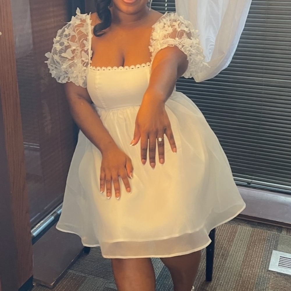 White Puff-Sleeve Chiffon Mini Dress
